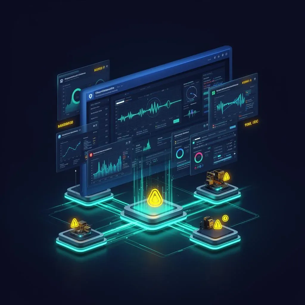 3D visualization of an observability stack with Datadog dashboards, heartbeats, and Make scenario cards