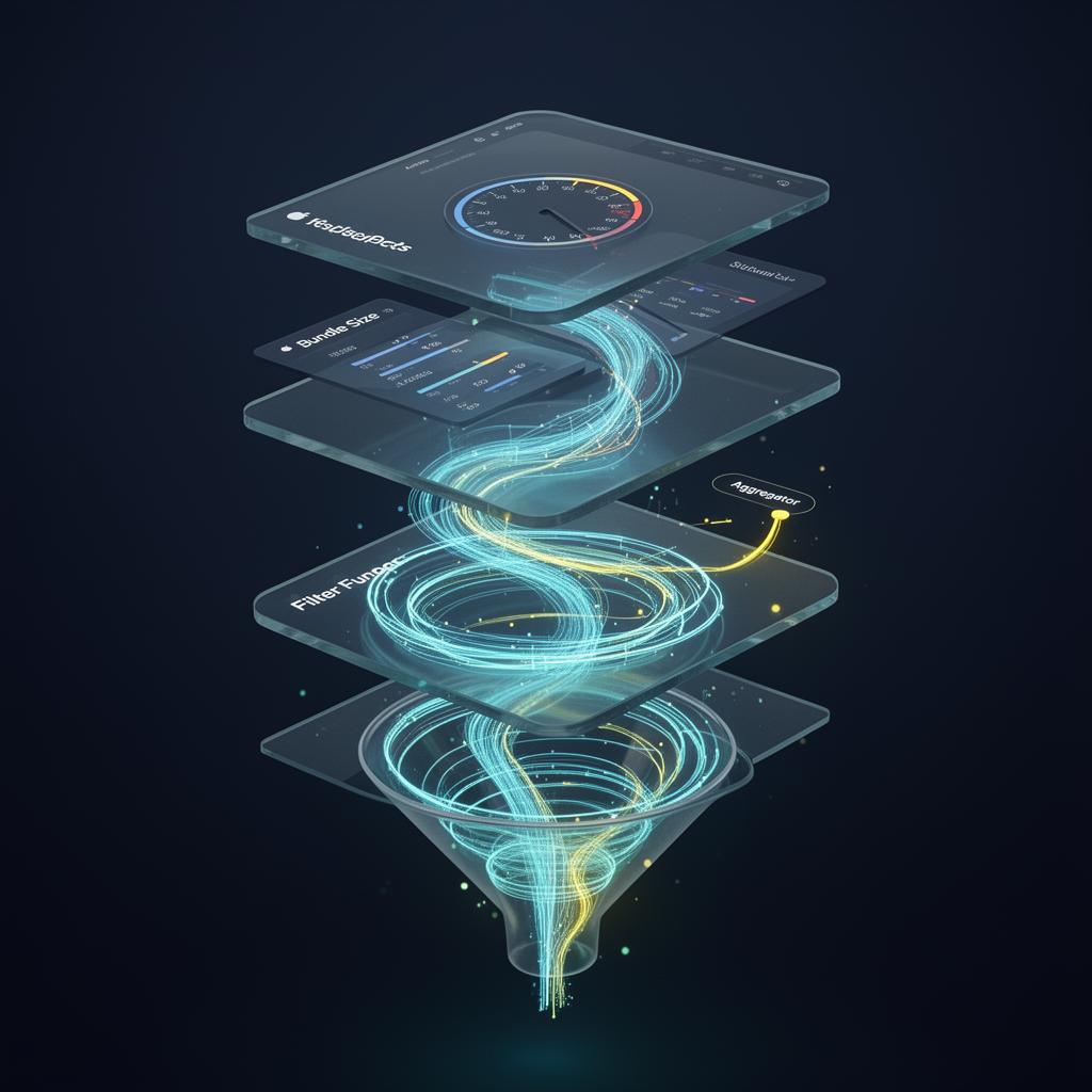 3D-Visualisierung gestaffelter Glas-Panels mit Performance-Gauges, Bundle-Size-Metern und einem Filter-Trichter – Symbolbild für Make Performance-Optimierung