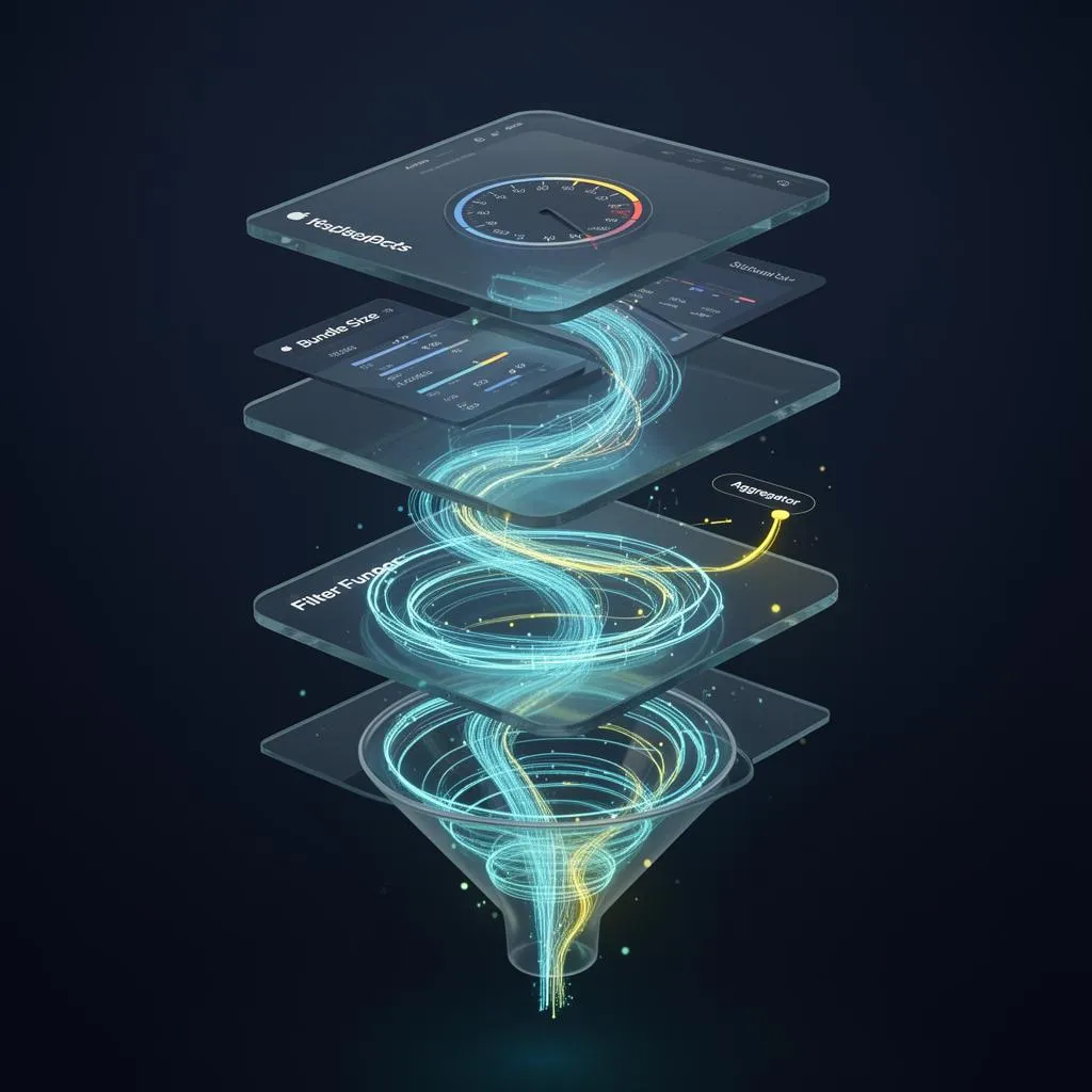 3D-Visualisierung gestaffelter Glas-Panels mit Performance-Gauges, Bundle-Size-Metern und einem Filter-Trichter – Symbolbild für Make Performance-Optimierung