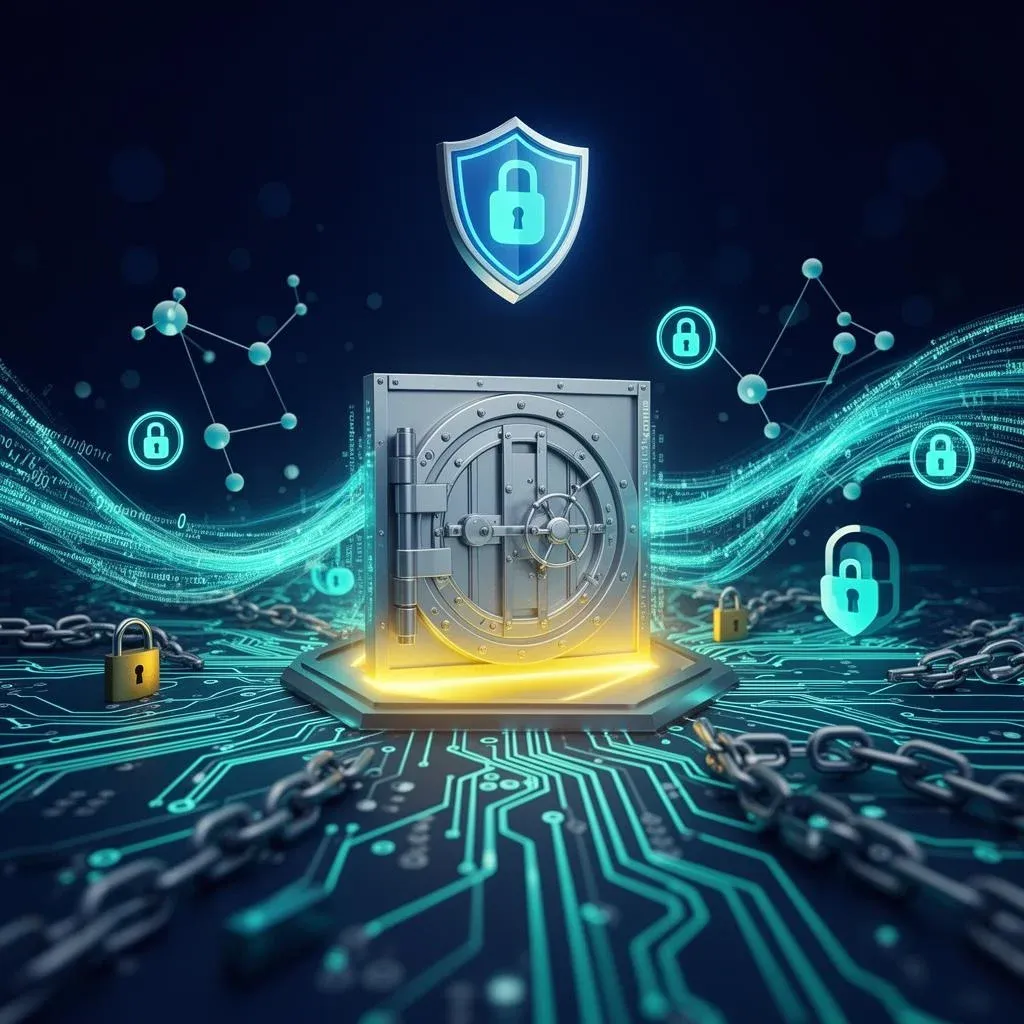 3D visualization of a vault on a circuit board surrounded by data streams and lock icons – symbolizing make.com security