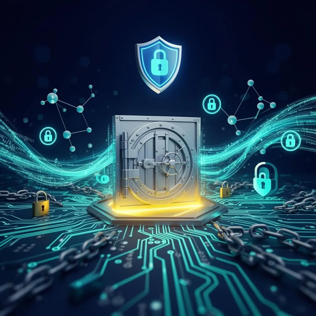 3D-Visualisierung eines Tresors auf einer Schaltkreisplatine, umgeben von Datenströmen und Schloss-Symbolen – Symbolbild für make.com Security