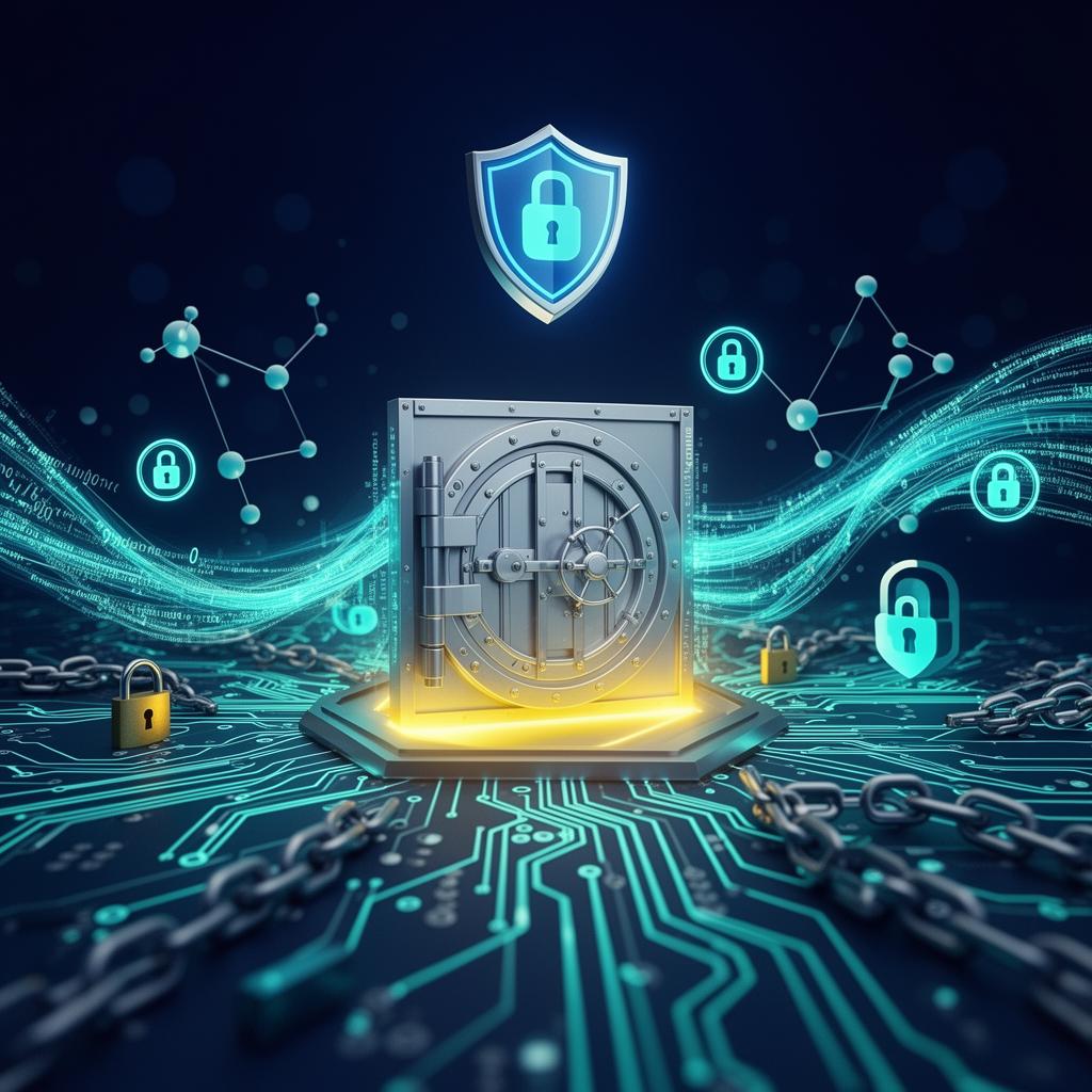 3D-Visualisierung eines Tresors auf einer Schaltkreisplatine, umgeben von Datenströmen und Schloss-Symbolen – Symbolbild für make.com Security