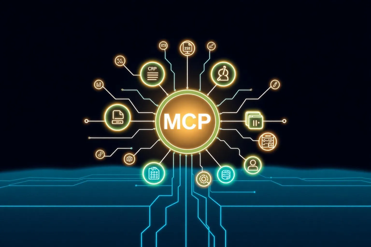 MCP als zentraler Hub, der KI-Agenten mit CRM, ERP, Datenbanken und SaaS-Tools verbindet