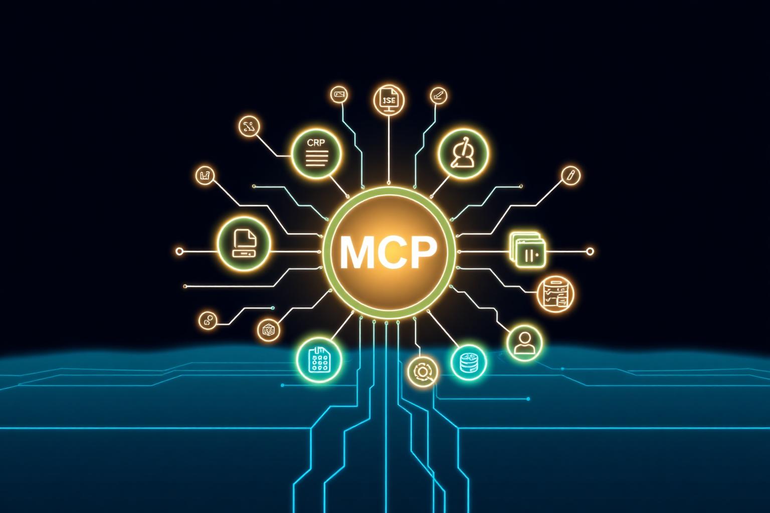 MCP als zentraler Hub, der KI-Agenten mit CRM, ERP, Datenbanken und SaaS-Tools verbindet