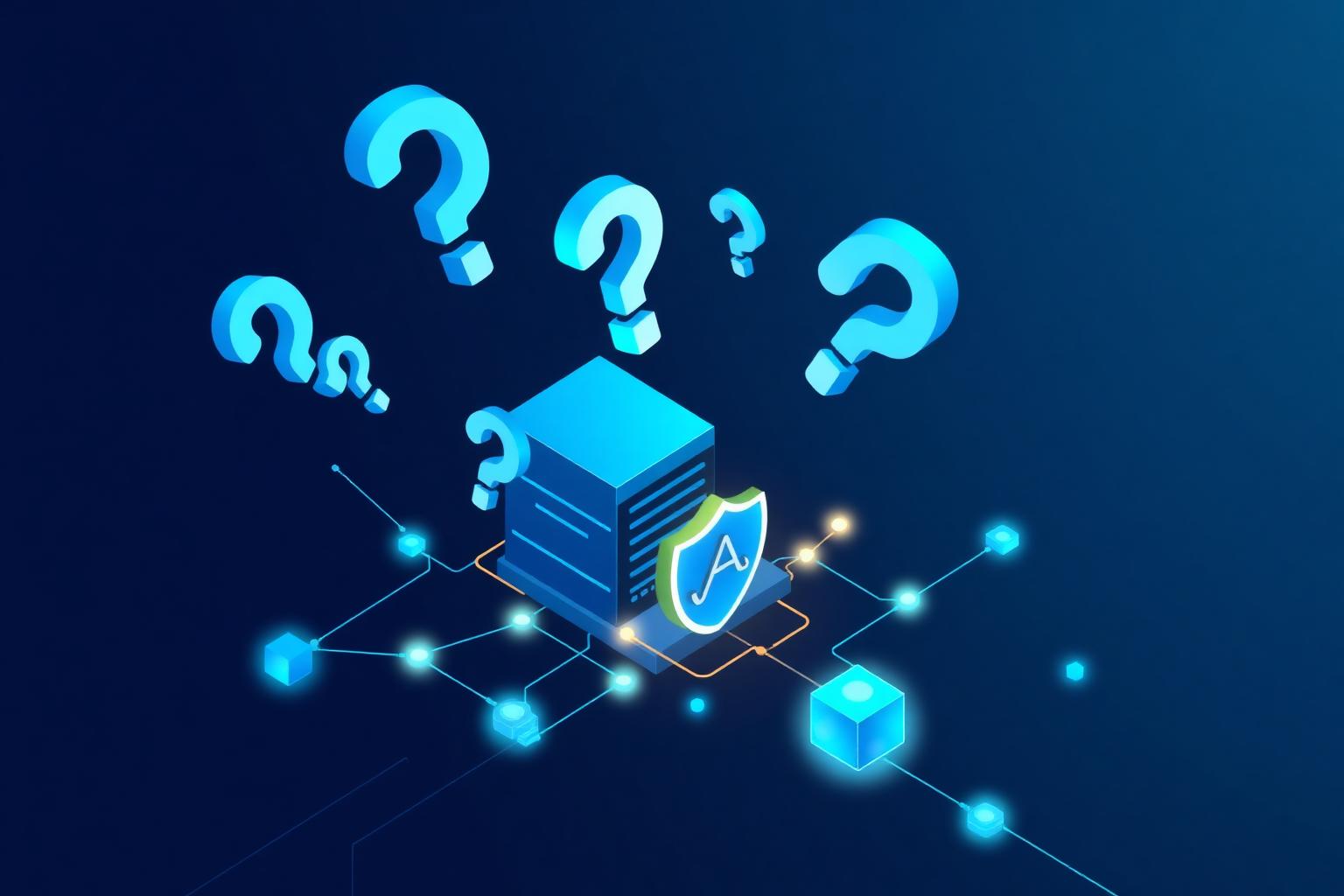 Schwebende Fragezeichen über einem MCP-Server mit Auth-Shield und vernetzten Knoten – visuelle FAQ-Metapher