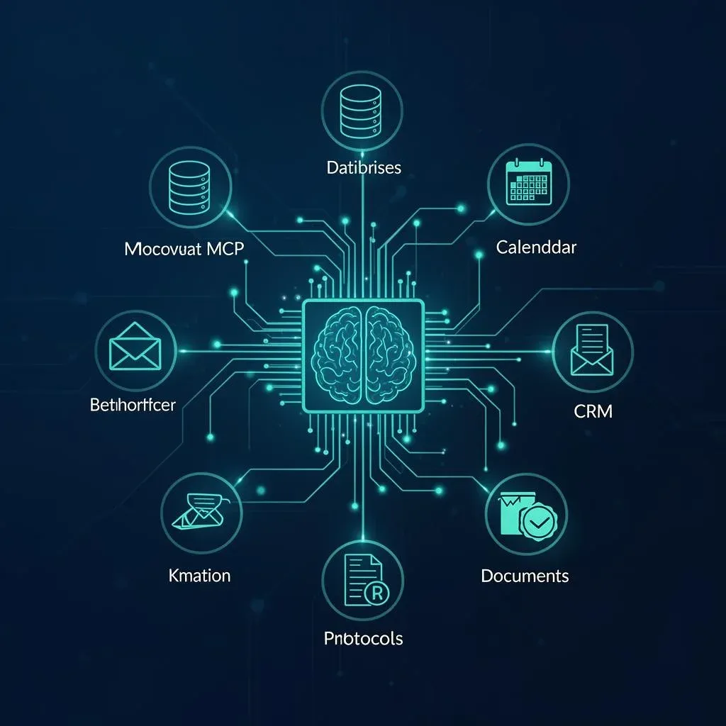 Schematic of the Model Context Protocol: AI brain connected to databases, calendar, CRM and documents