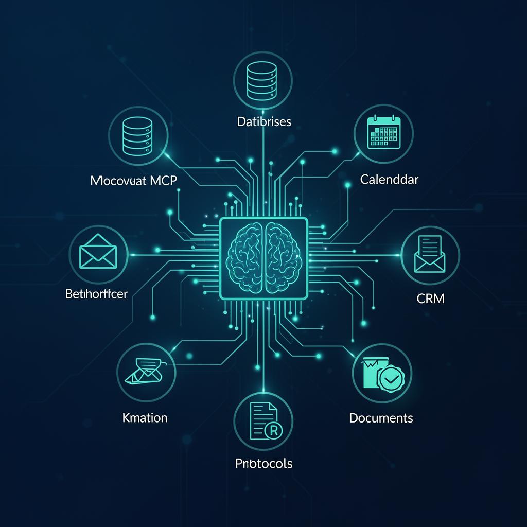 Schematic of the Model Context Protocol: AI brain connected to databases, calendar, CRM and documents