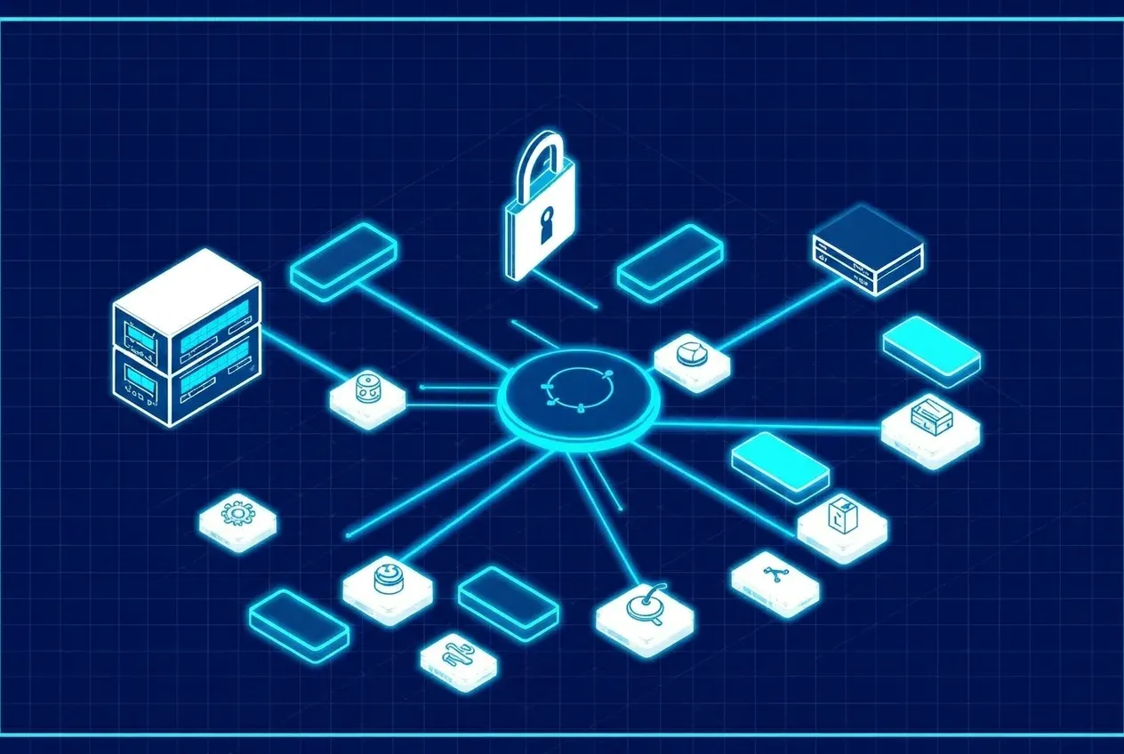 Isometrisches Blueprint-Diagramm: MCP-Server als zentraler Hub, der ein bestehendes Backend mit Auth-Layer, Tools und Resources verbindet
