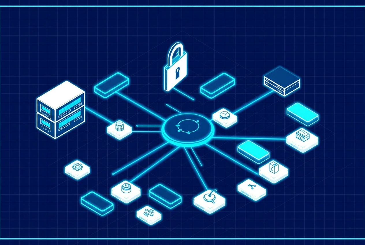 Isometrisches Blueprint-Diagramm: MCP-Server als zentraler Hub, der ein bestehendes Backend mit Auth-Layer, Tools und Resources verbindet