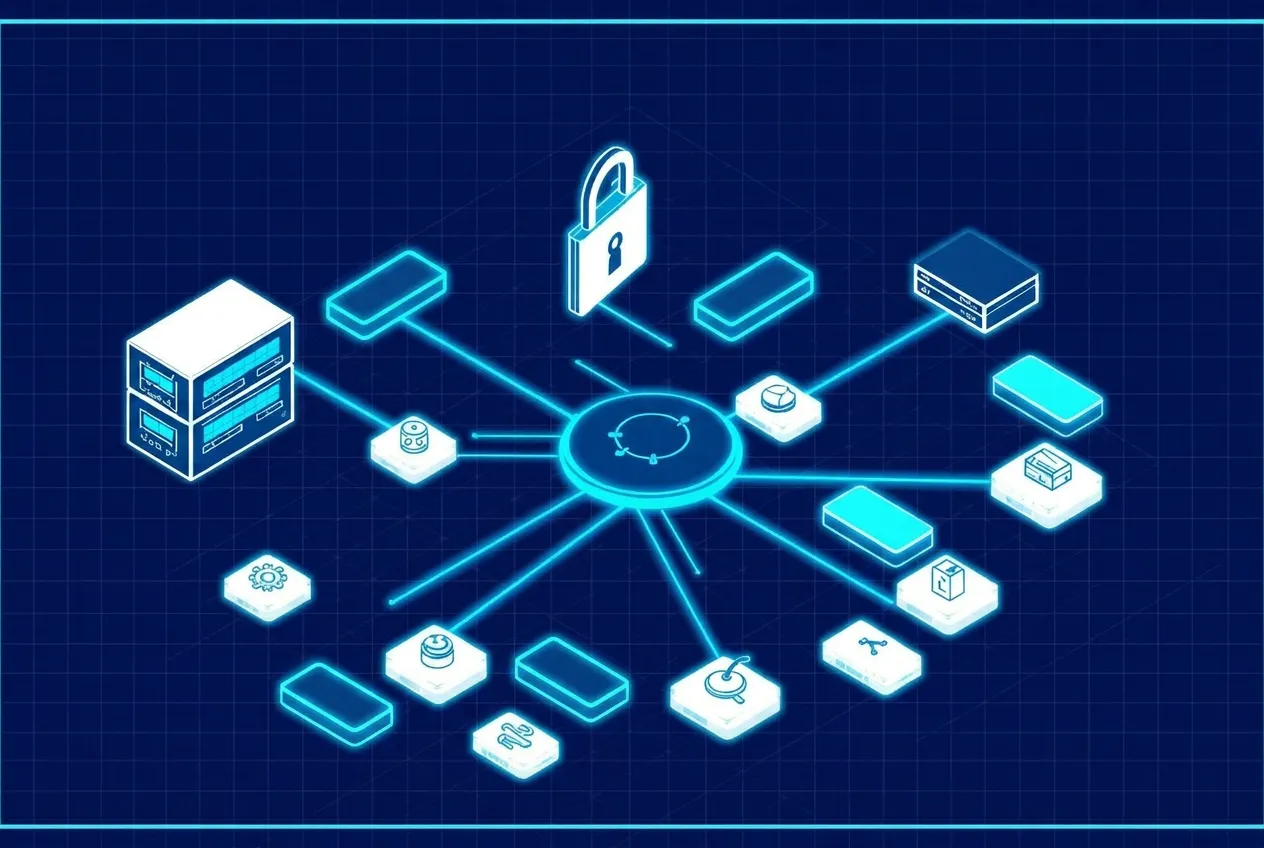 Isometrisches Blueprint-Diagramm: MCP-Server als zentraler Hub, der ein bestehendes Backend mit Auth-Layer, Tools und Resources verbindet