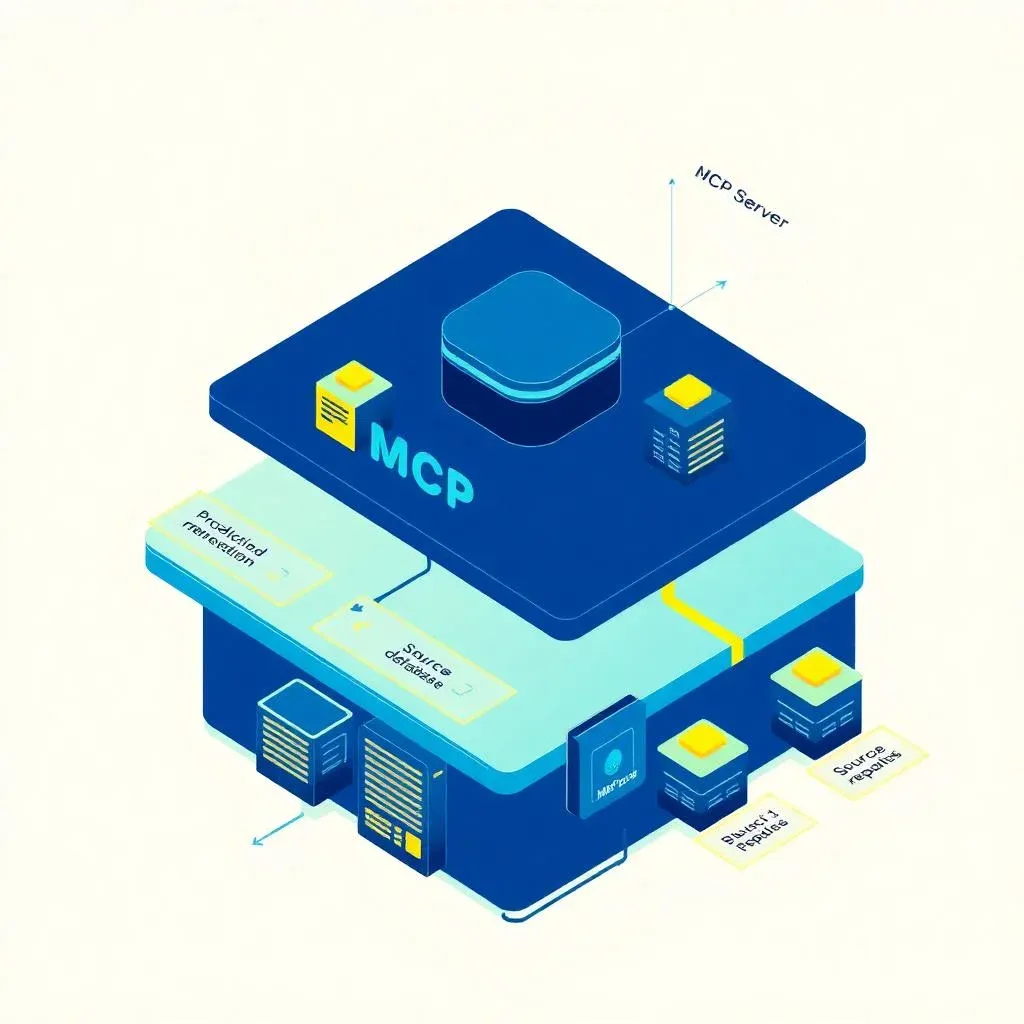 Isometric diagram: MCP server as production retrieval layer between vector store, source repositories and agents