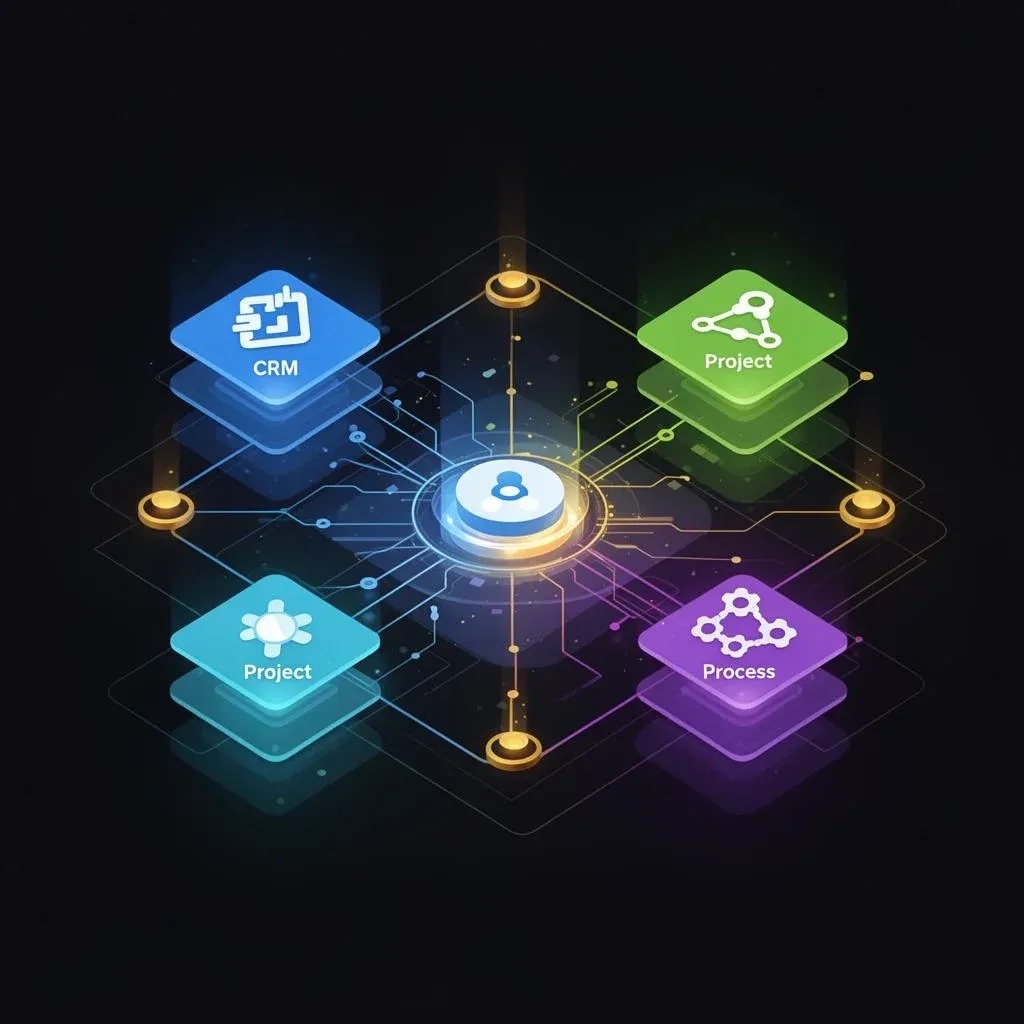 Vernetzte Plattform-Layer symbolisieren monday.com als zentrales Company Operating System