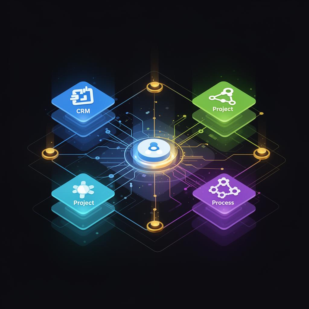 Vernetzte Plattform-Layer symbolisieren monday.com als zentrales Company Operating System