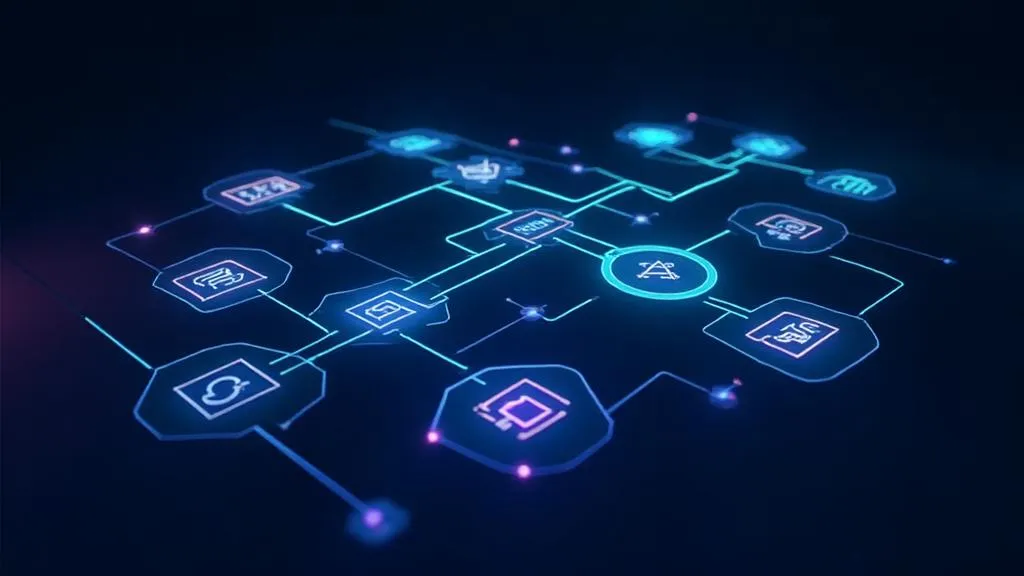 Glowing workflow graph with branching paths symbolizing the monday.com Workflow Builder
