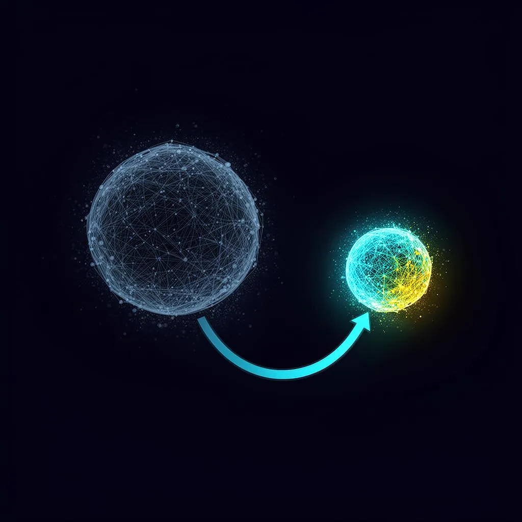 Visualisierung eines großen blassen Neural-Net-Spheres und eines kleineren, hellen Sphere mit Cyan/Gelb – die schrumpfende Frontier offener Modelle