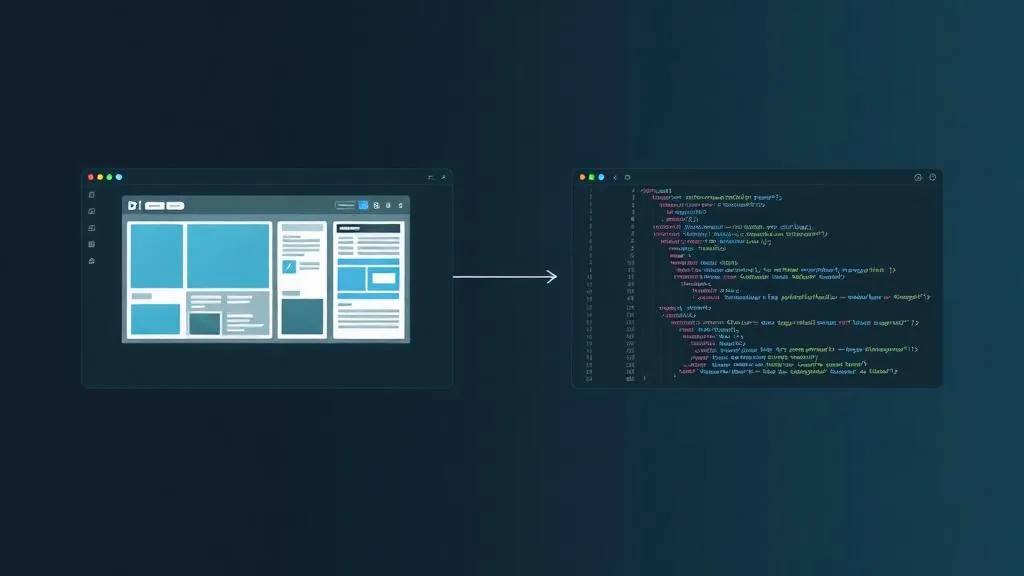 Gegenüberstellung von No-Code-Bausteinen und klassischem Custom-Code auf geteiltem Bildschirm