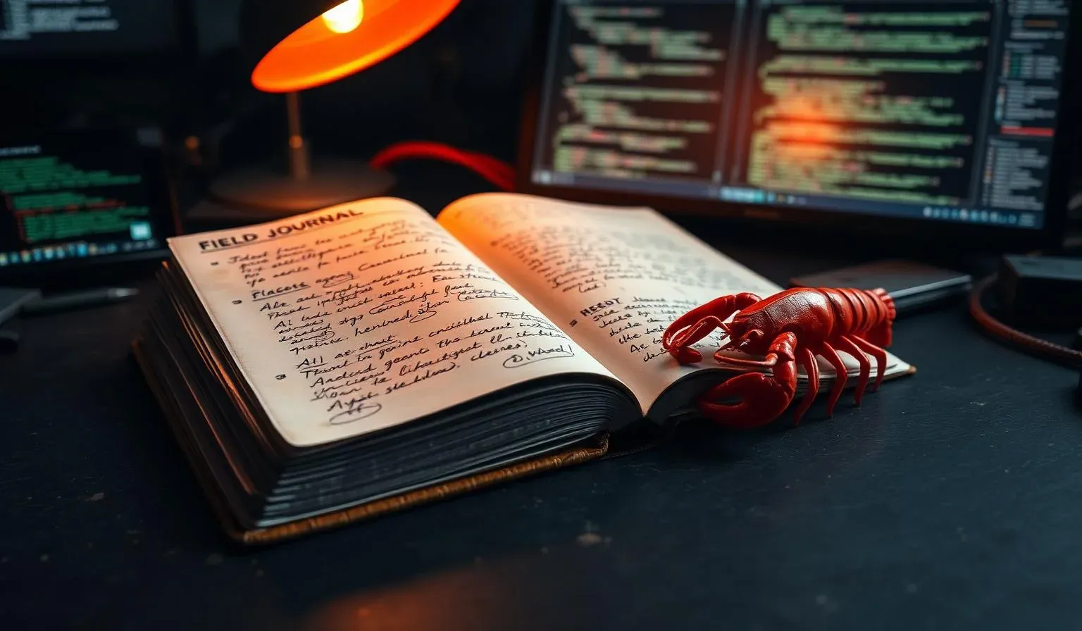 Field-Journal mit handschriftlichen Notizen zu OpenClaw, daneben eine rote Hummer-Figur unter warmem Schreibtischlicht
