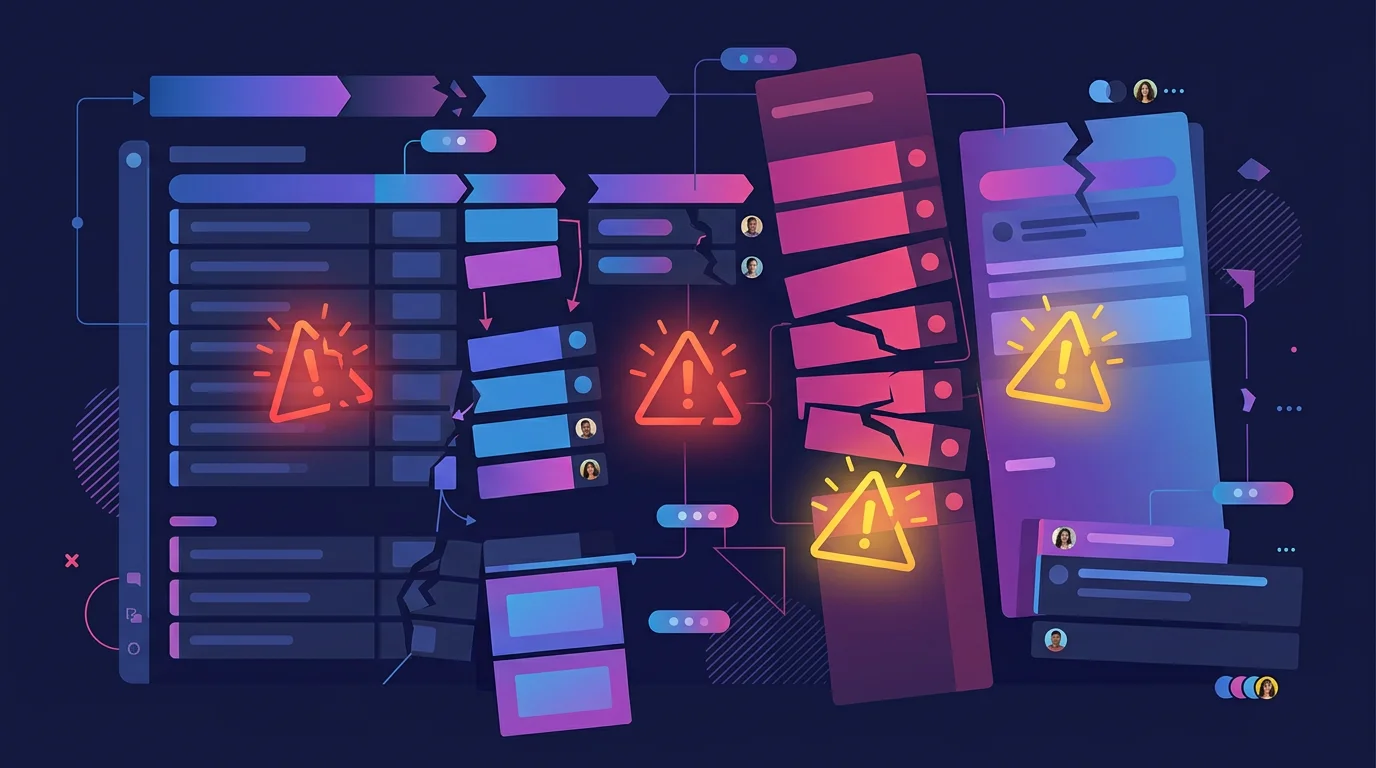 Stilisiertes monday.com Dashboard mit fünf Warnsignalen, die Optimierungspotenzial anzeigen