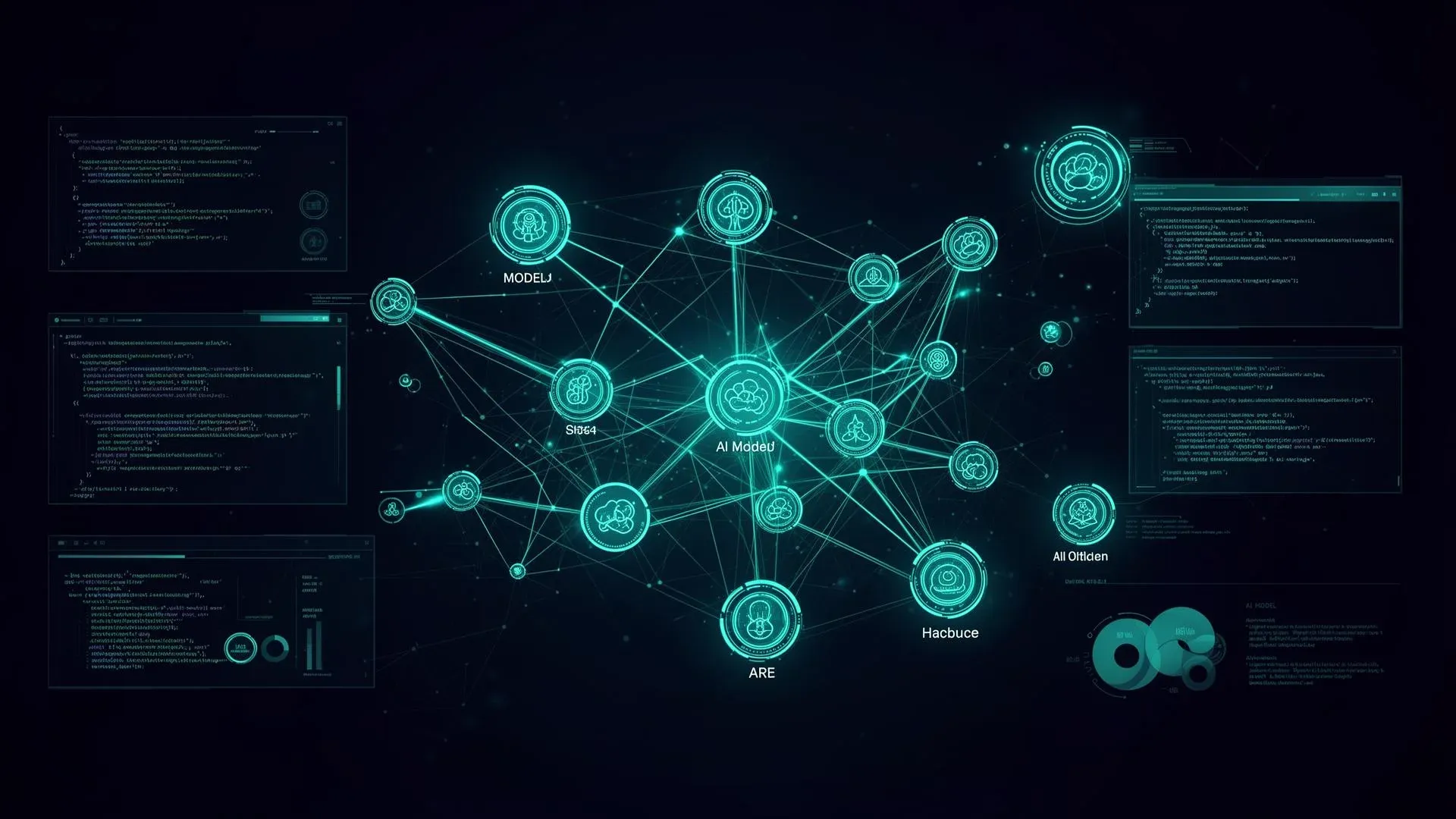 Futuristic AI orchestration interface with interconnected model nodes on dark background