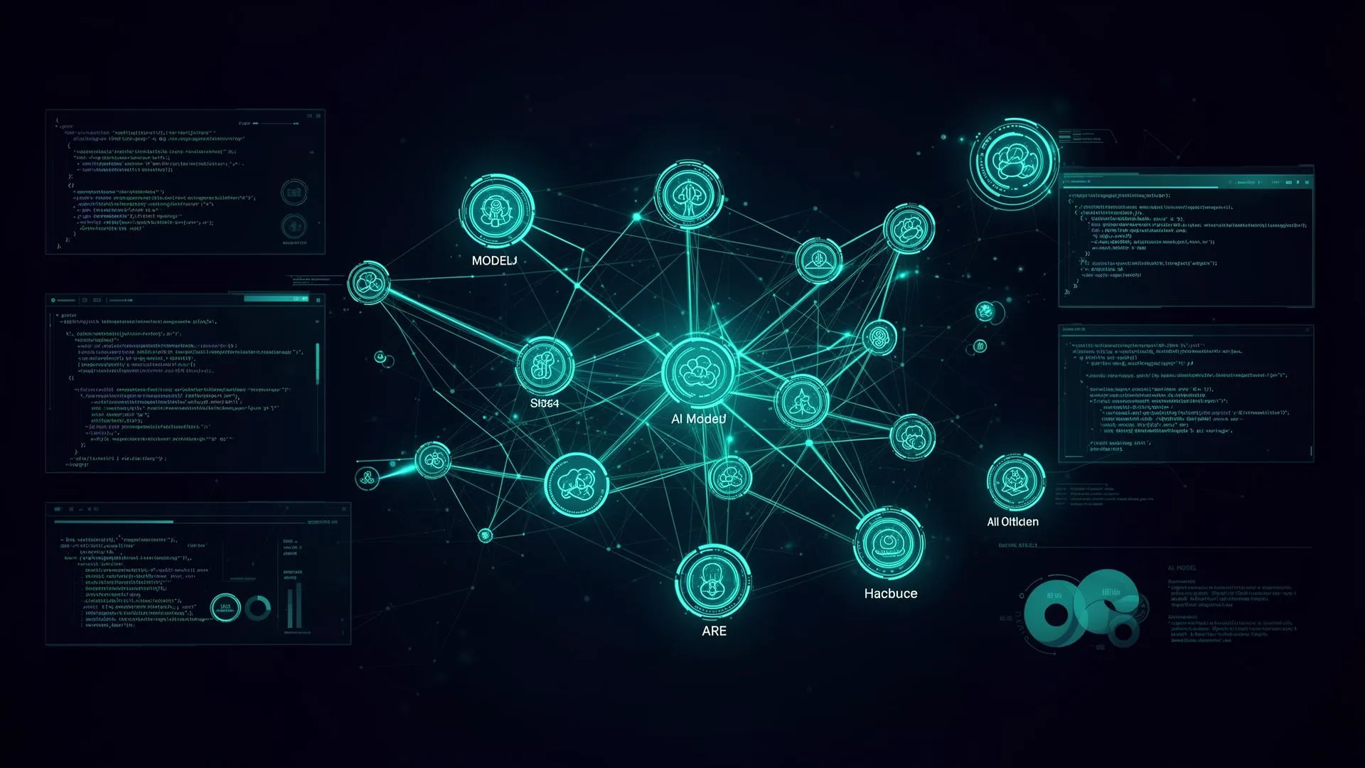 Futuristic AI orchestration interface with interconnected model nodes on dark background