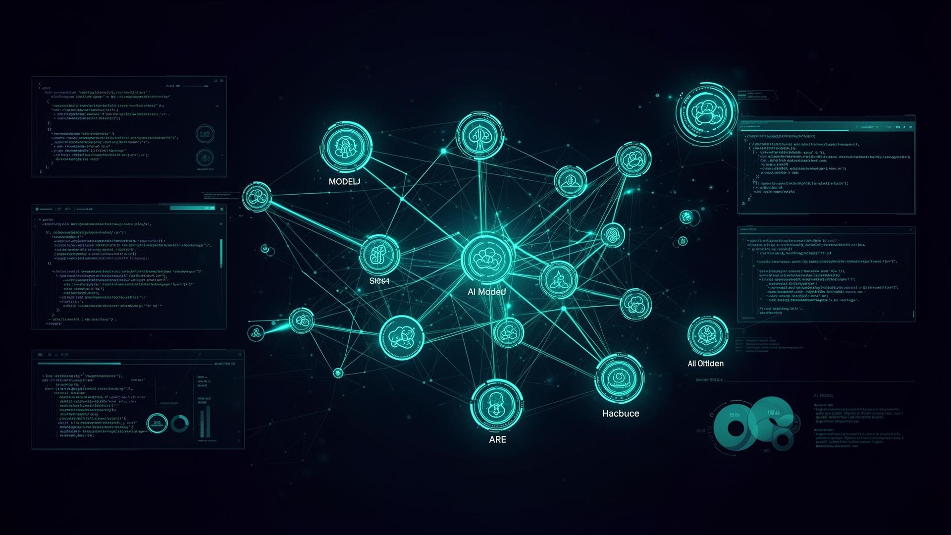 Futuristic AI orchestration interface with interconnected model nodes on dark background