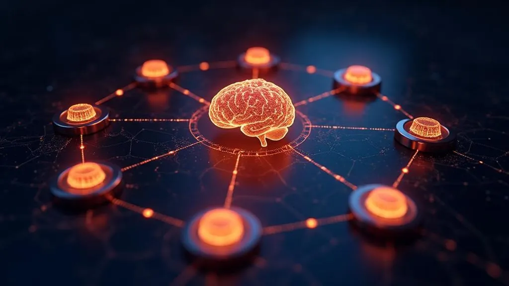 KI-Agenten-Ökosystem mit vernetzten Knoten und holographischer Gehirn-Visualisierung