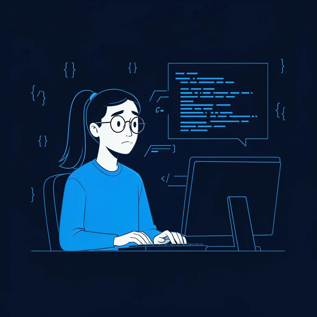Minimalistische Illustration eines Entwicklers mit Ponytail und ovaler Brille, der skeptisch Code auf einem Bildschirm betrachtet