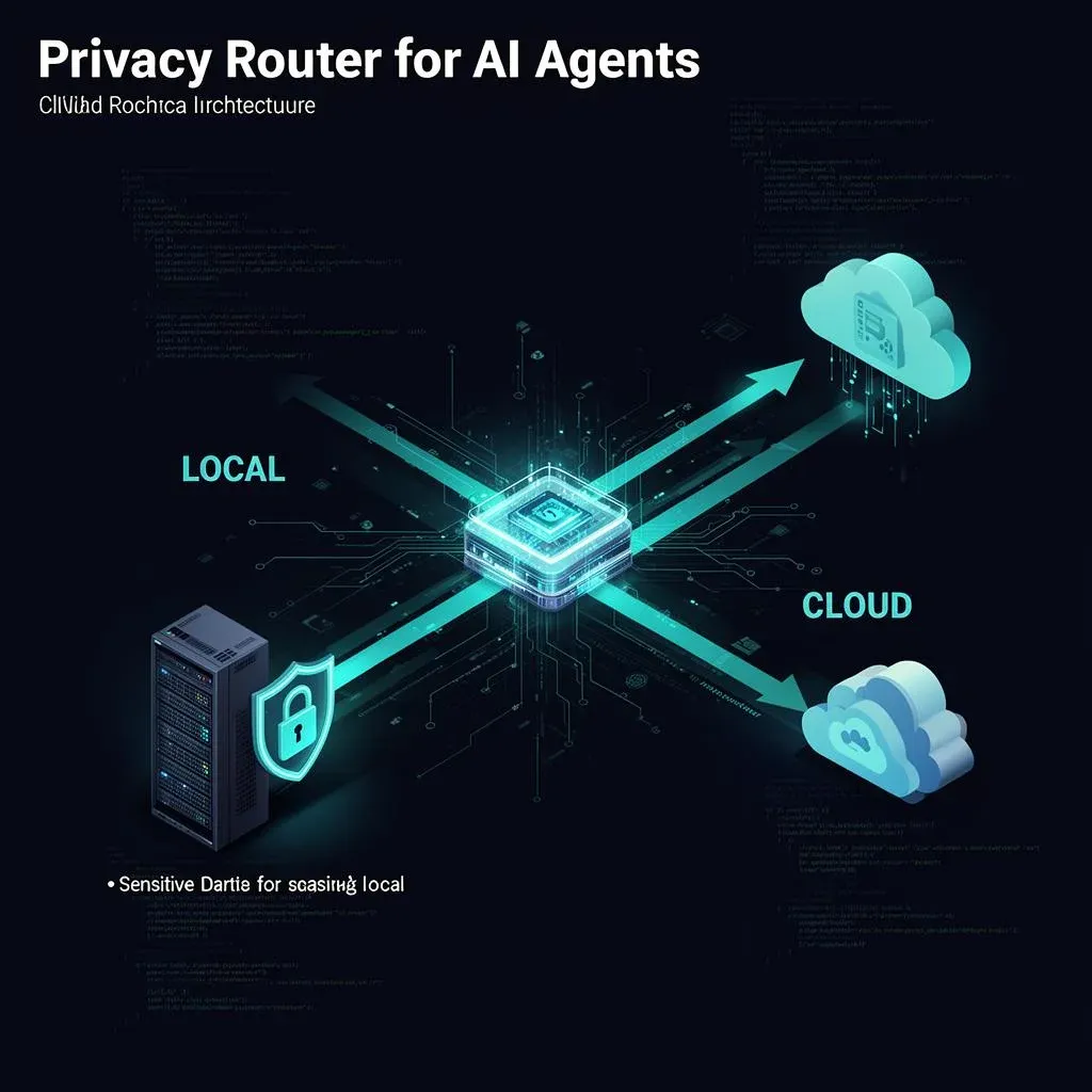 Architekturdiagramm eines Privacy Routers: Datenfluss aufgeteilt in lokalen und Cloud-Pfad