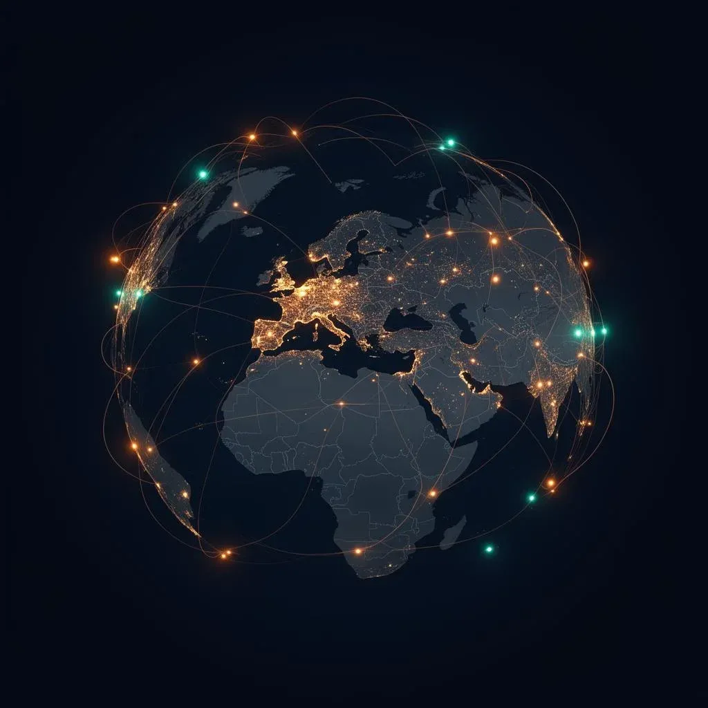Connected nodes over a world map – symbolizing remote leadership across borders