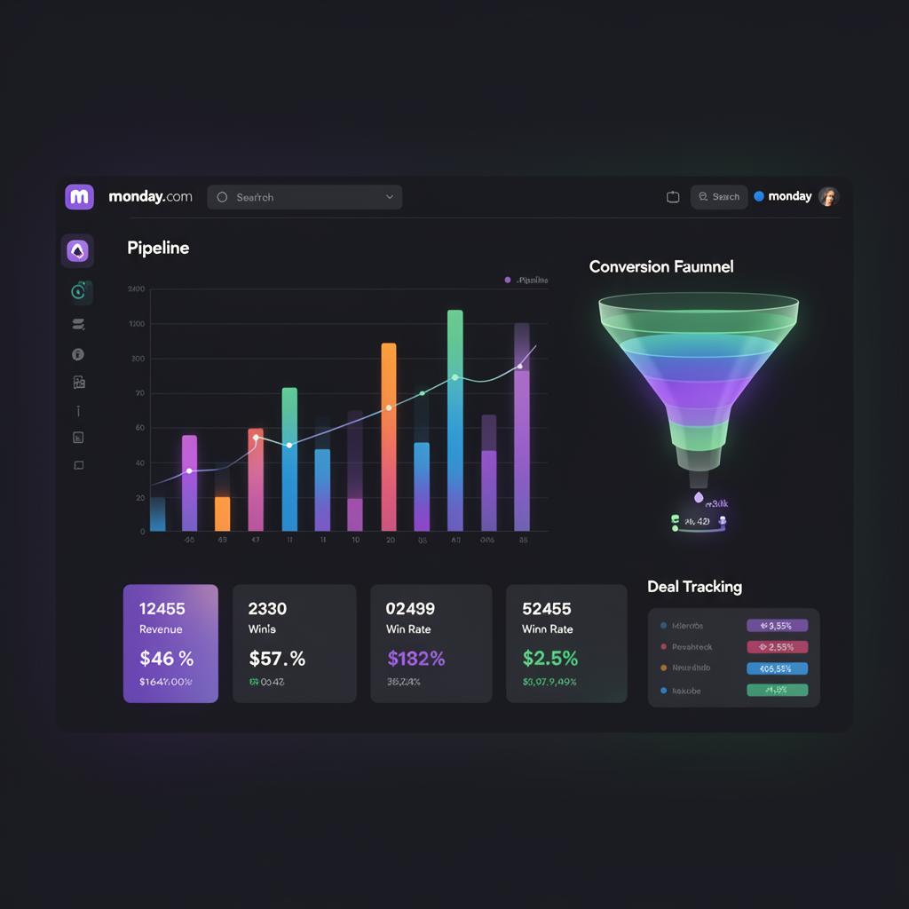 Sales Dashboard mit Pipeline-Chart, Conversion-Funnel und KPI-Karten in monday CRM