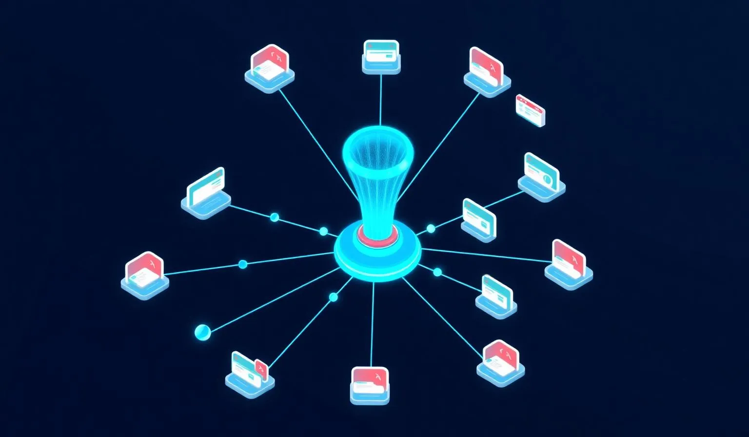 Abstrakte Illustration eines zentralen Such-Hubs, der über glühende Linien mit vielen kleinen Such-Engine-Knoten verbunden ist