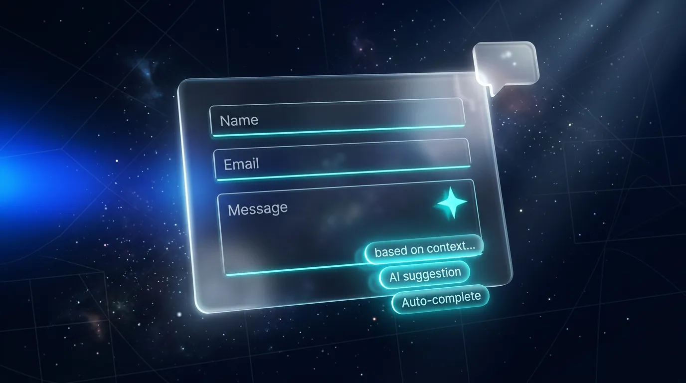 Smart Form in Lovable mit AI-Auto-Complete, AI-Validierung und Conversational-Chat-Bubble – glasmorphes Kontaktformular mit Name-, Email- und Message-Feld, türkisem AI-Sparkle-Icon und Vorschlags-Chips auf dunkelblauem Hintergrund