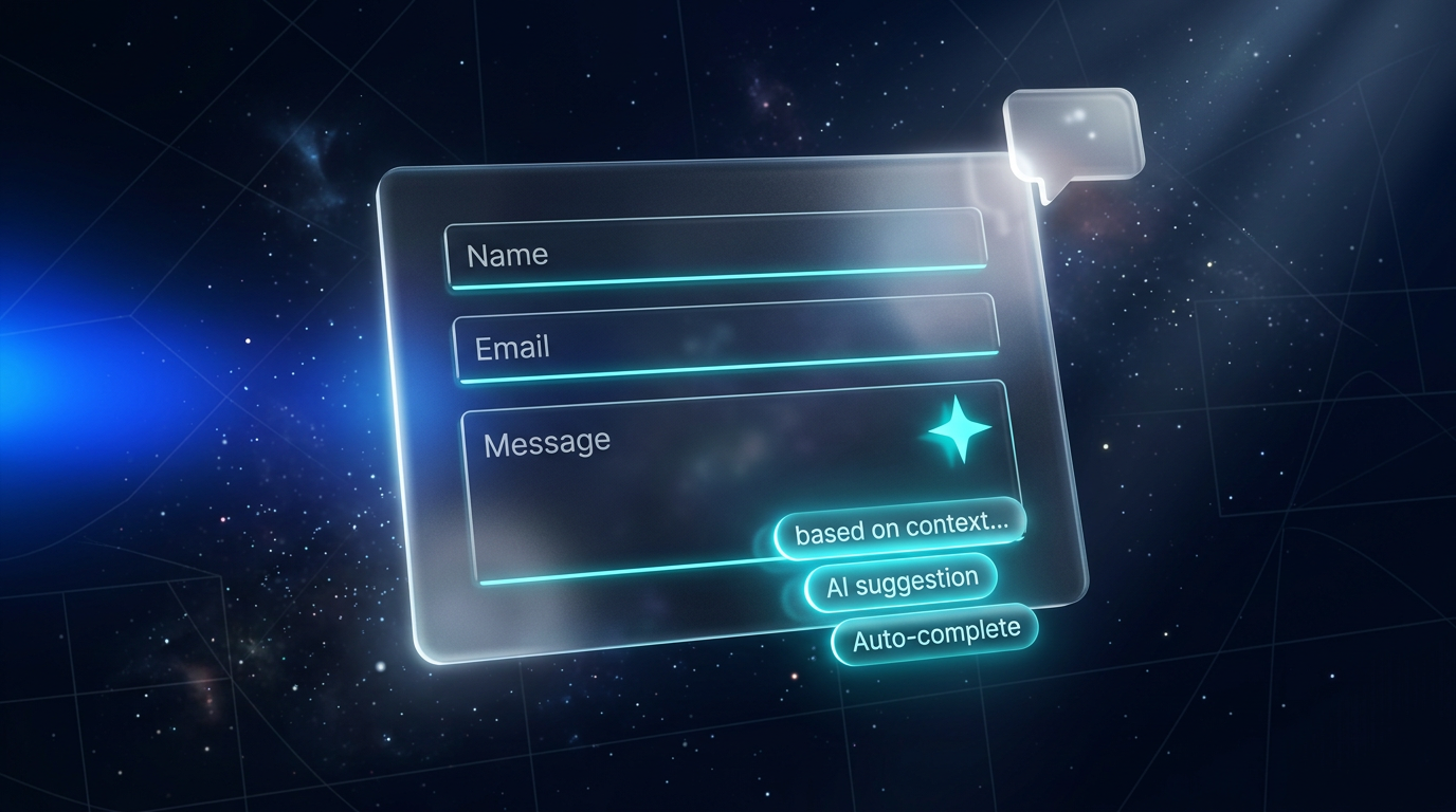 Smart Form in Lovable mit AI-Auto-Complete, AI-Validierung und Conversational-Chat-Bubble – glasmorphes Kontaktformular mit Name-, Email- und Message-Feld, türkisem AI-Sparkle-Icon und Vorschlags-Chips auf dunkelblauem Hintergrund