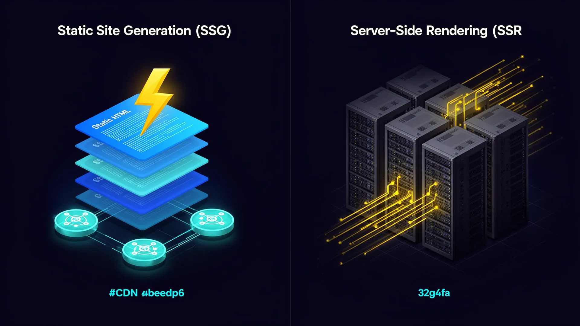 Vergleich Static Site Generation vs. Server-Side Rendering – Edge-CDN gegen Server-Rack