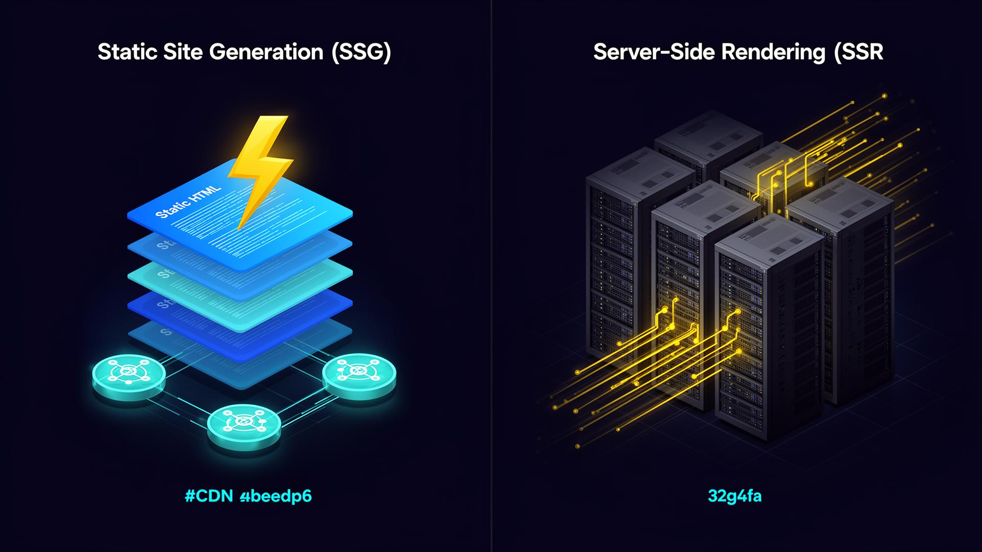 Vergleich Static Site Generation vs. Server-Side Rendering – Edge-CDN gegen Server-Rack