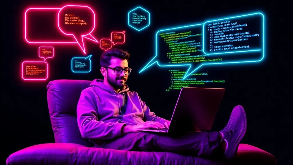 Person beschreibt eine App in natürlicher Sprache während KI den Code generiert