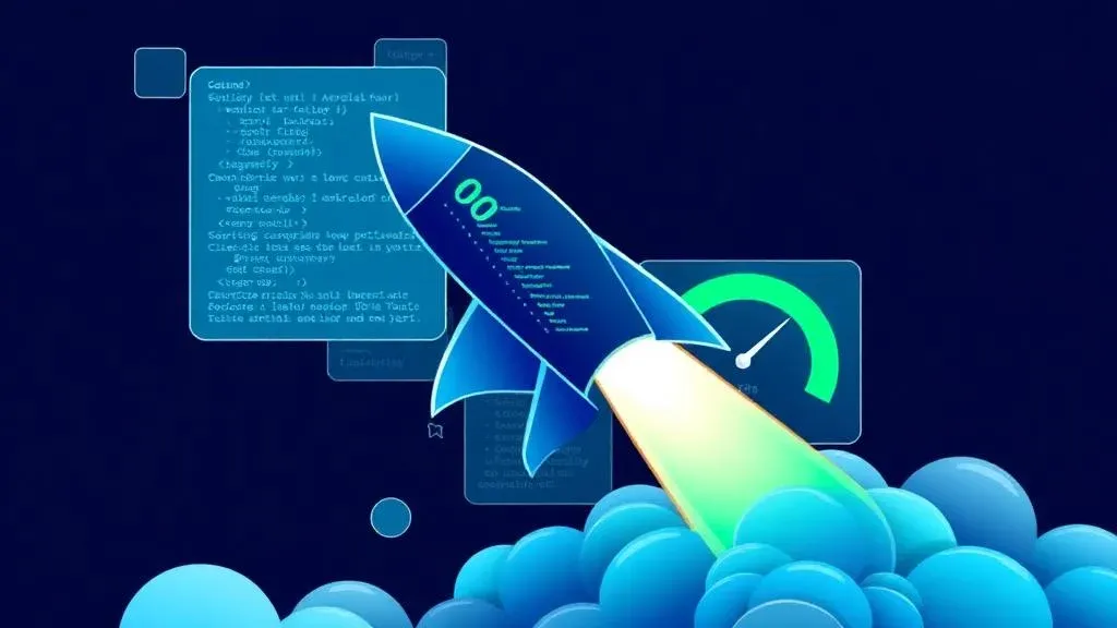 Rocket made of code elements launching through search result pages with Lighthouse Score 100