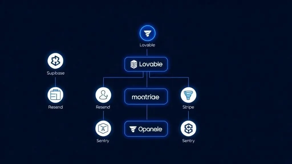 Architecture diagram of a modern Vibe Coding stack with Lovable, Supabase and Resend as core components