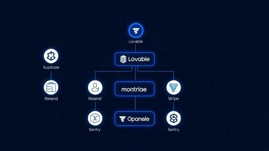Architektur-Diagramm eines modernen Vibe Coding Stacks mit Lovable, Supabase und Resend als Kernkomponenten