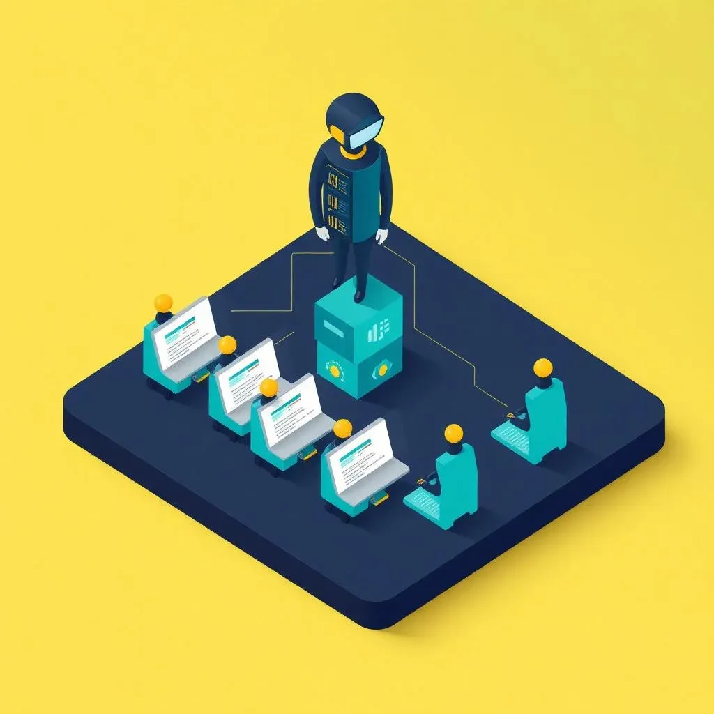 Isometric illustration: head agent orchestrating multiple parallel subagents on a Lovable project