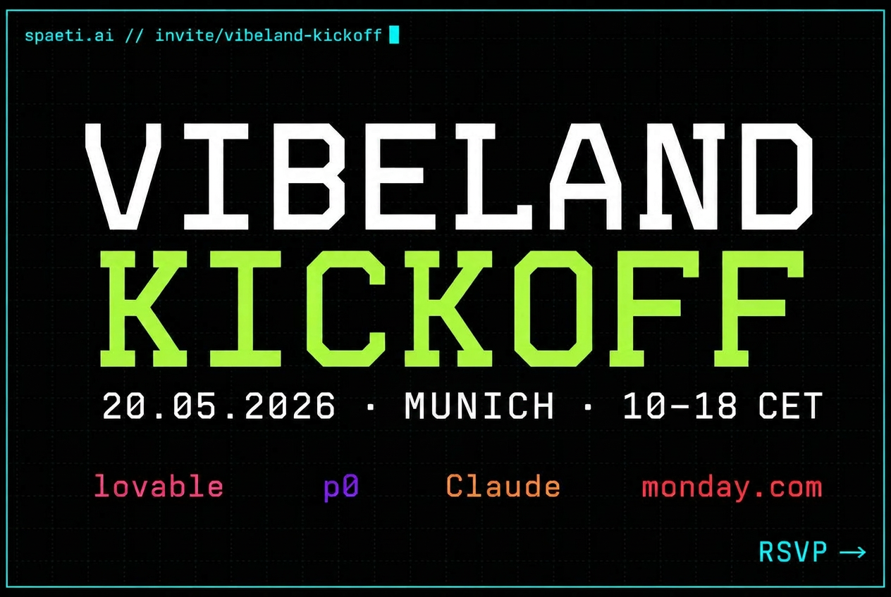 Vibeland Kickoff Munich – terminal-style invite for May 20, 2026 with Lovable, p0, Claude and monday.com