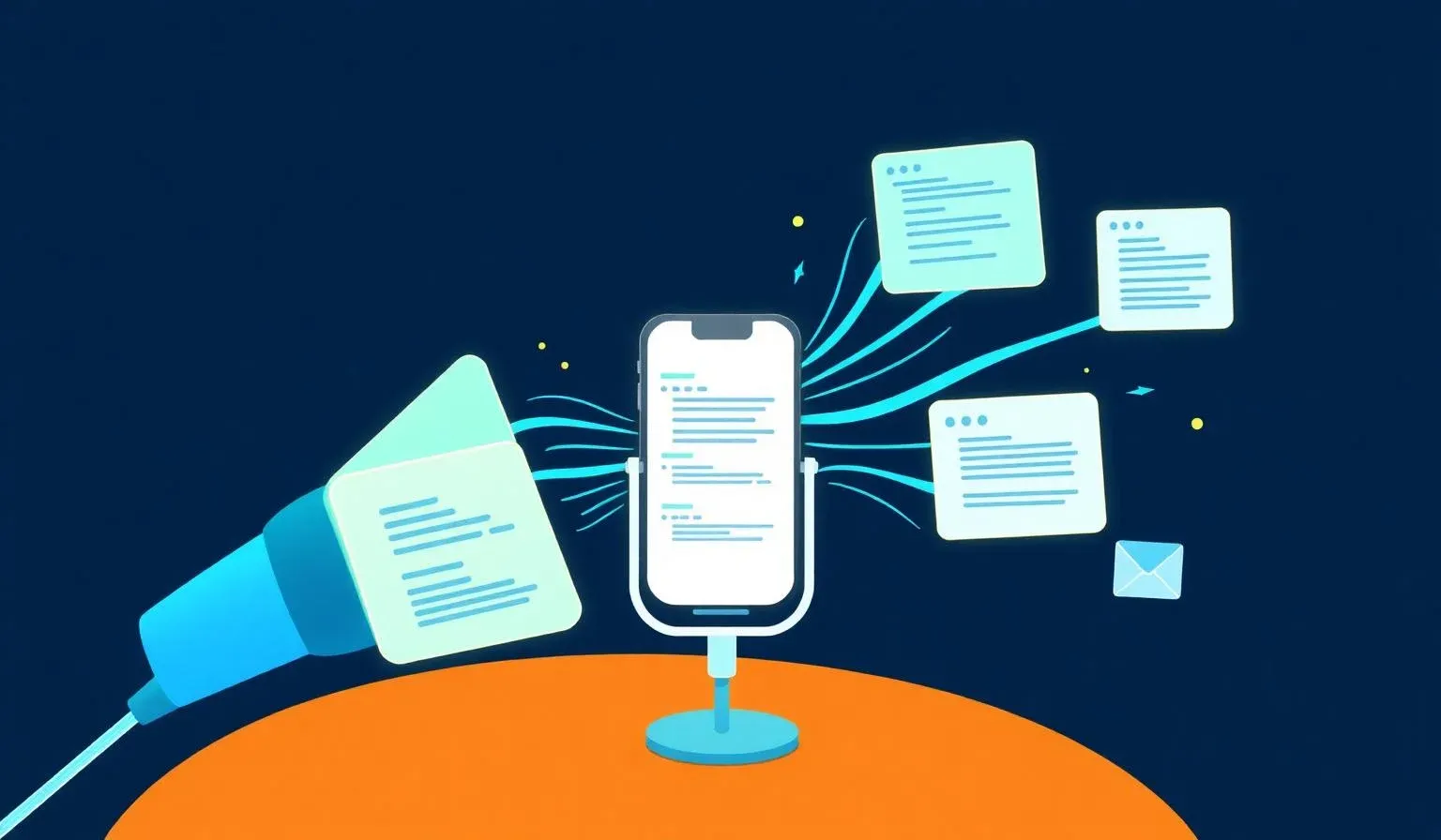 Microphone whose soundwaves dissolve into text streams across multiple app windows