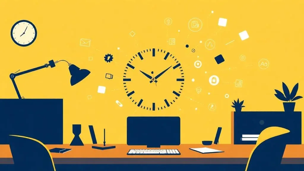CEO overwhelmed by admin tasks with automation icons offering relief