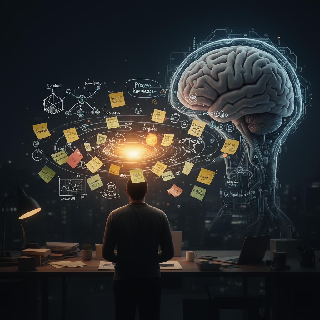Person steht vor einem Schreibtisch, umgeben von schwebendem Prozesswissen, das zu einem KI-Gehirn fließt